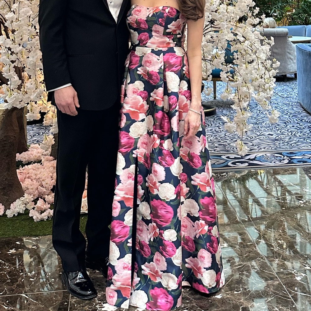 Sachin and Babi Giovanna Floral Satin Strapless Fit & Flare Gown, Peony Ikat